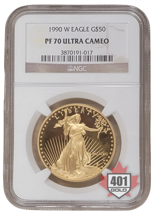 1990 $50 1oz W Eagle Gold Coin PF70 Ultra Cameo | 401Gold Inc
